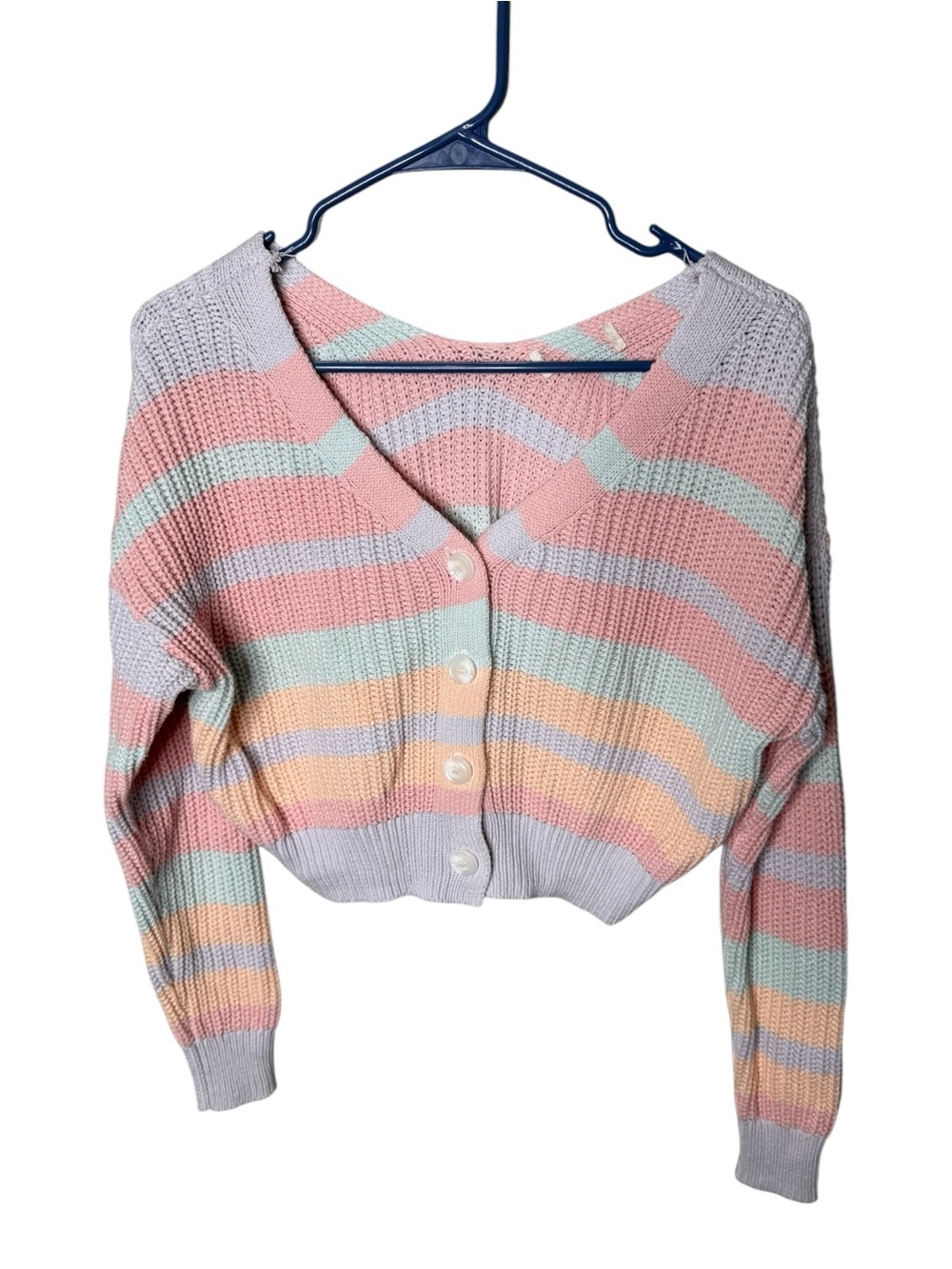 Rainbow Multi Pastel Striped V-Neck Cropped Cardigan Sweater M/L